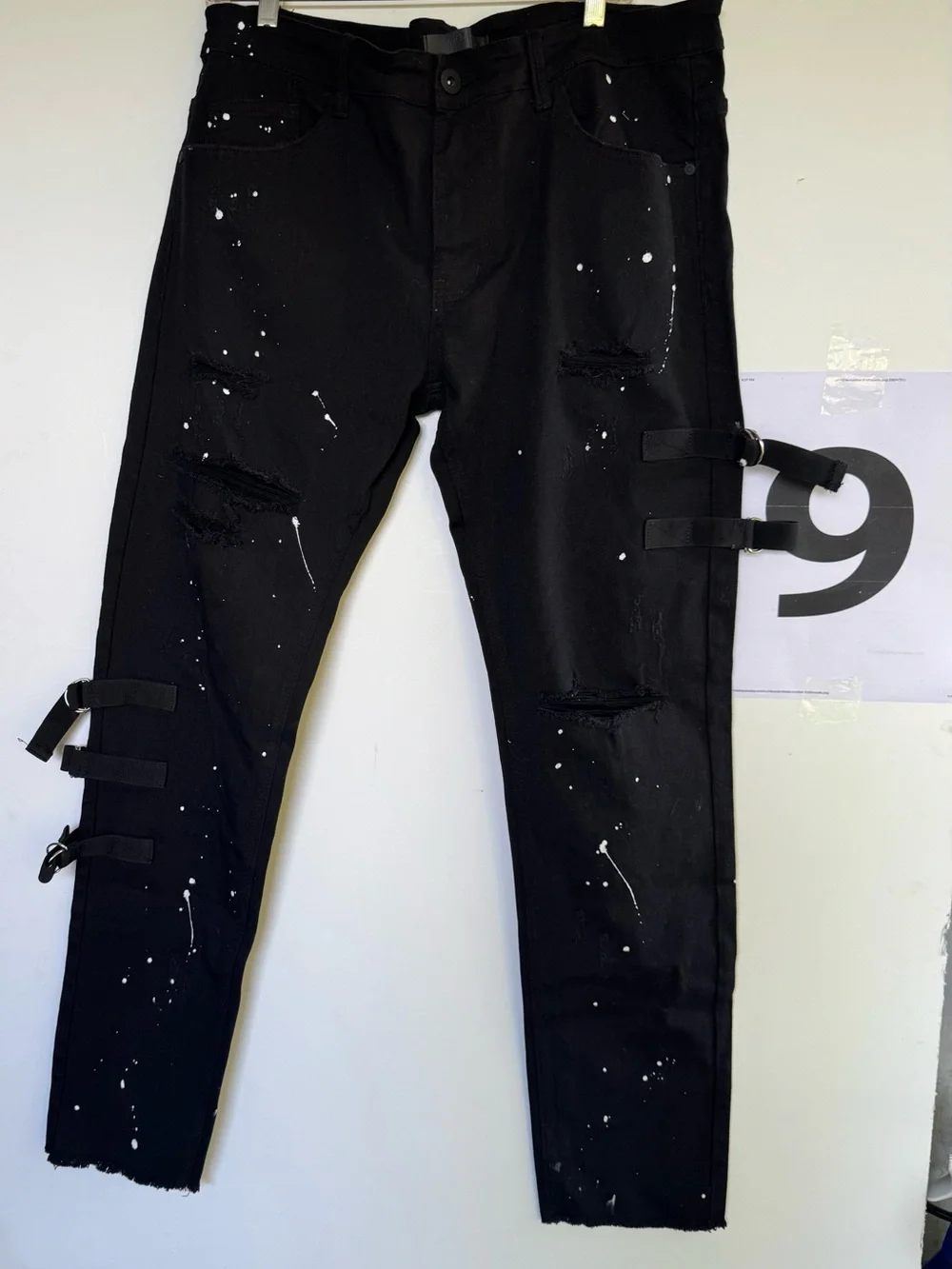 Men's Black Distressed Cargo Pants with Strap Details